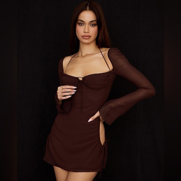 House of CB Baby Chocolate Brown Chiffon Cutout Halter Long Sleeve Mini Dress - Picture 4 of 12
